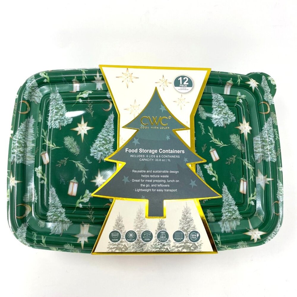 Cook With Color 6 Pk 5 Cup Printed Trees Holiday Cookies Food Storage Container